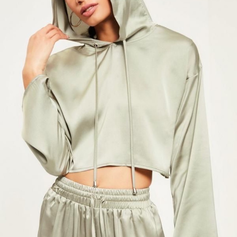 Misguided green satin jogger and hoodie set